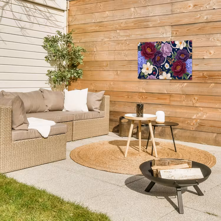 Bloemen - Parels - Decoratie - Modern - Blauw Tuinposter op houten frame 2 cm dik klein -sfeer2