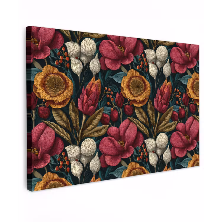 Bloemen - Patroon - Rood - Goud Tuinposter op houten frame 2 cm dik klein 845 -3d