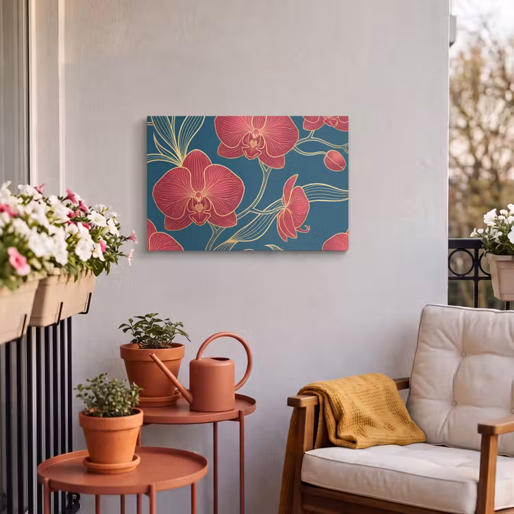 Buiten canvas - Bloemen - Rood - Goud - Bloemen - Rood - Goud Tuinposter op houten frame 2 cm dik klein