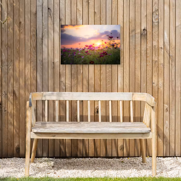 Bloemen - Roze - Zonsondergang - Natuur - Weide - Horizon Tuinposter op houten frame 2 cm dik klein -sfeer4