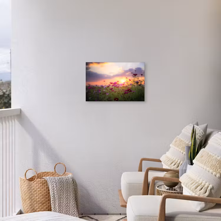 Bloemen - Roze - Zonsondergang - Natuur - Weide - Horizon Tuinposter op houten frame 2 cm dik klein -sfeer1