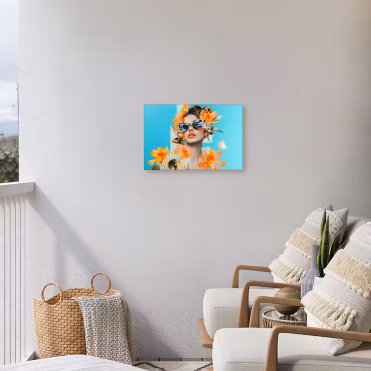 Bloemen - Vrouw - Zonnebril - Blauw Tuinposter op houten frame 2 cm dik klein -sfeer1