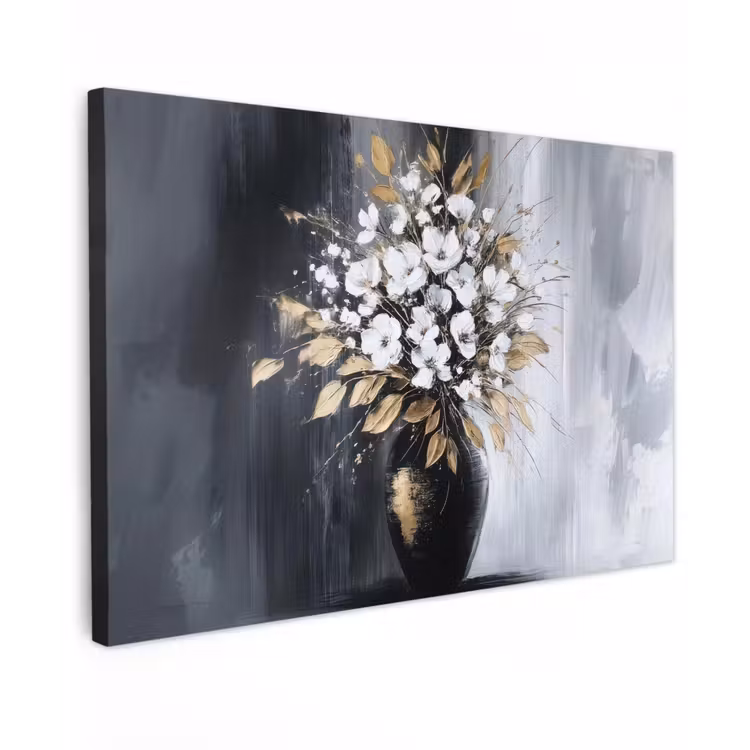 Bloemen - Wit - Vaas - Abstract Tuinposter op houten frame 2 cm dik klein -3d