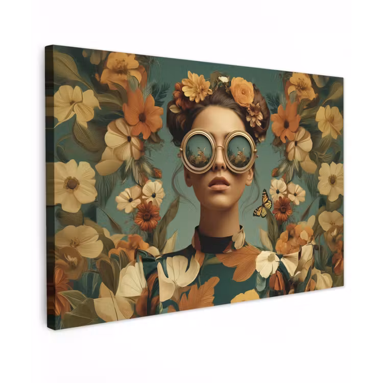 Bloemenkrans - Vrouwengezicht - Zonnebril - Oranje Tuinposter op houten frame 2 cm dik klein -3d