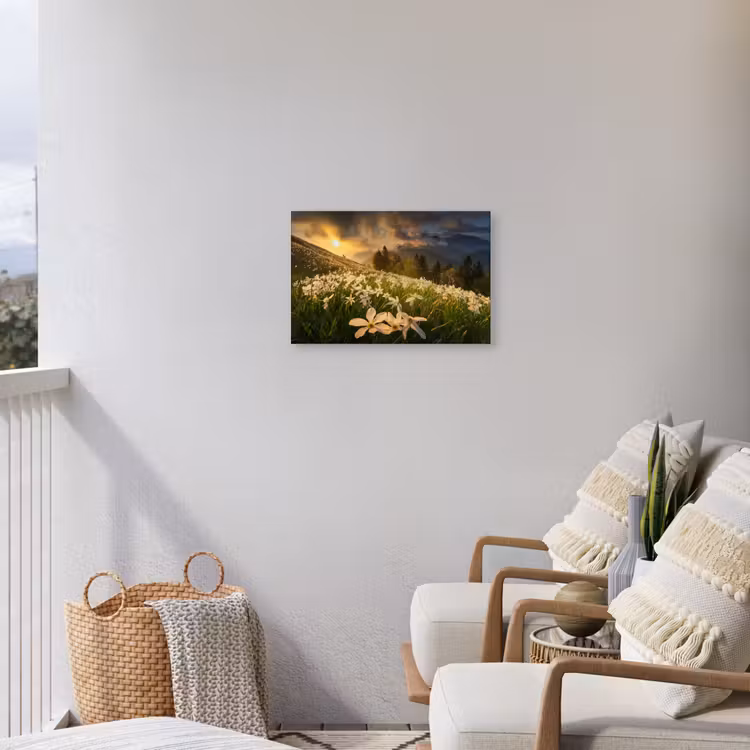 Bloemenveld - Heuvels - Zonsondergang - Berg - Natuur - Wit - Heuvels Tuinposter op houten frame 2 cm dik klein -sfeer1