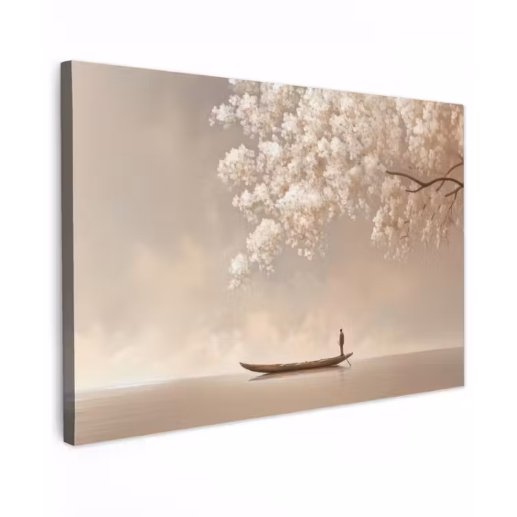Bloesems - Wit - Boot - Minimalistisch Tuinposter op houten frame 2 cm dik klein -3d