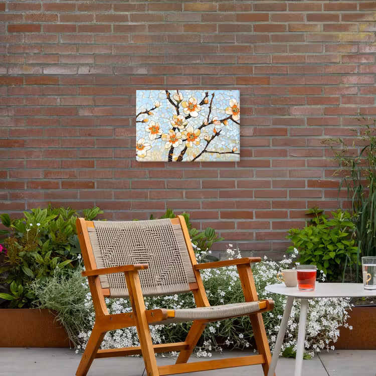 Bloesems - Wit - Mozaïek - Tak Tuinposter op houten frame 2 cm dik klein -sfeer3