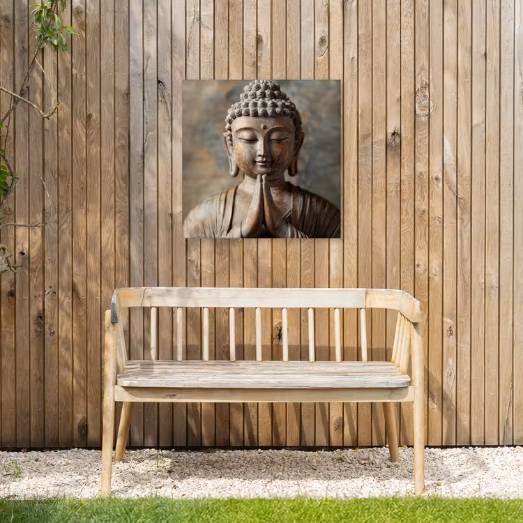 Boedha - Beeld - Bruin - Rust Tuinposter op houten frame 2 cm dik middel -sfeer4