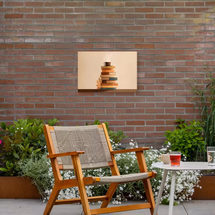 Boeken - Toren - Koffie - Beige Tuinposter op houten frame 2 cm dik klein -sfeer3