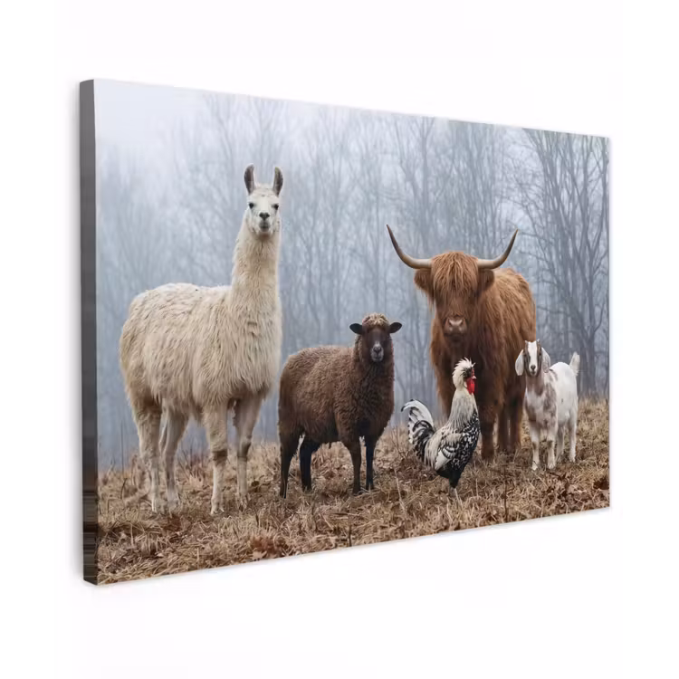 Boerderijdieren - Groep - Mist - Natuur - Rustiek Tuinposter op houten frame 2 cm dik klein -3d