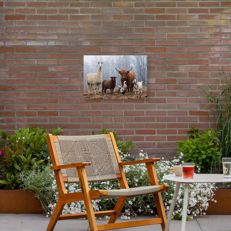 Boerderijdieren - Groep - Mist - Natuur - Rustiek Tuinposter op houten frame 2 cm dik klein -sfeer3