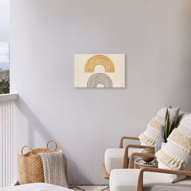 Bogen - Lijnen - Oranje - Minimalistisch Tuinposter op houten frame 2 cm dik klein -sfeer1