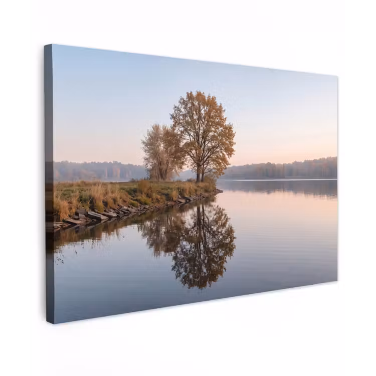Bomen - Reflectie - Water - Zonsopgang - Serene Tuinposter op houten frame 2 cm dik klein -3d