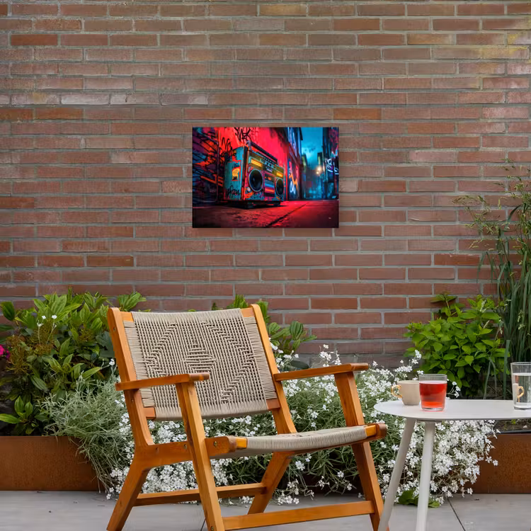 Boombox - Rood - Graffiti - Neon Tuinposter op houten frame 2 cm dik klein -sfeer3