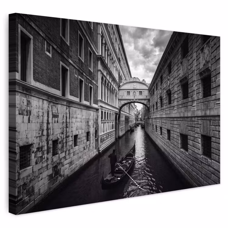 Boot - Waterweg - Stad - Zwart-wit - Architectuur Tuinposter op houten frame 2 cm dik klein -3d