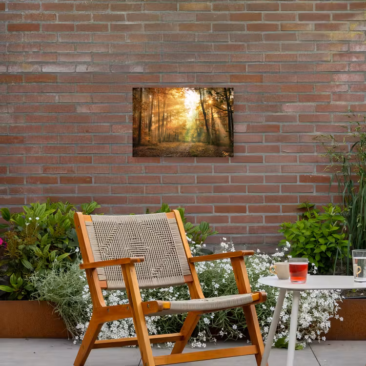 Bos - Herfst - Zon - Landschap - Natuur - Bomen - Bladeren Tuinposter op houten frame 2 cm dik klein -sfeer3