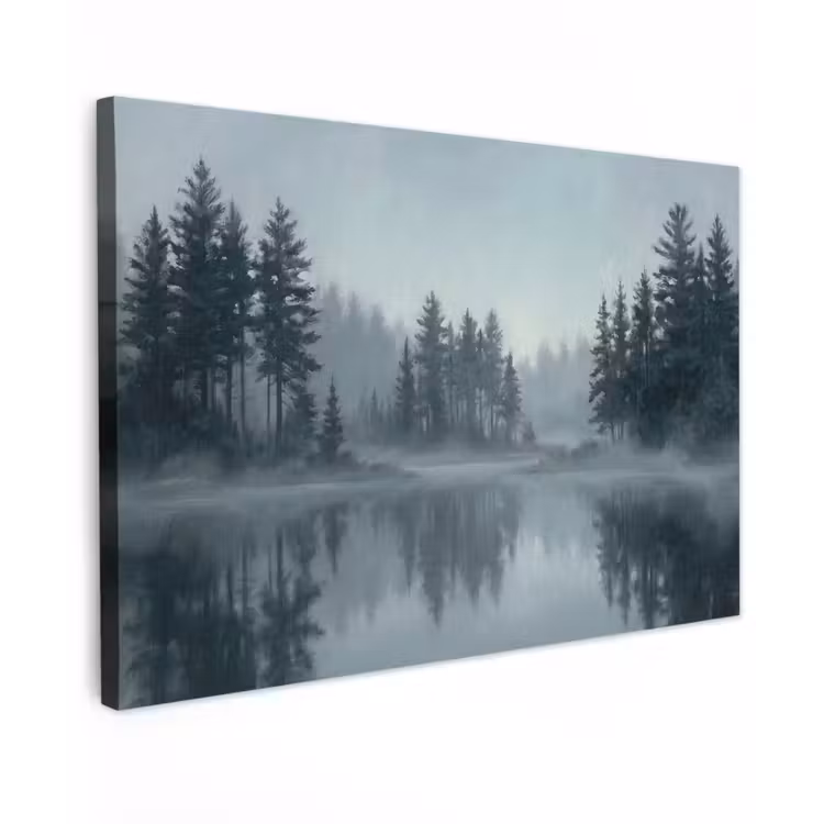 Bos - Meer - Mist - Natuur - Grijs Tuinposter op houten frame 2 cm dik klein -3d