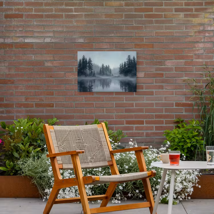 Bos - Meer - Mist - Natuur - Grijs Tuinposter op houten frame 2 cm dik klein -sfeer3