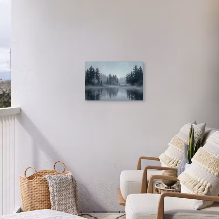 Bos - Meer - Mist - Natuur - Grijs Tuinposter op houten frame 2 cm dik klein -sfeer1