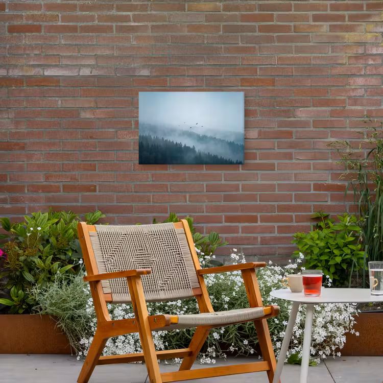 Bos - Mist - Vogels - Natuur - Groen Tuinposter op houten frame 2 cm dik klein -sfeer3