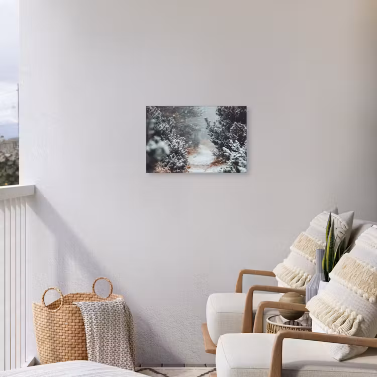 Bos - Winter - Bomen - Natuur - Pad - Sneeuw Tuinposter op houten frame 2 cm dik klein -sfeer1