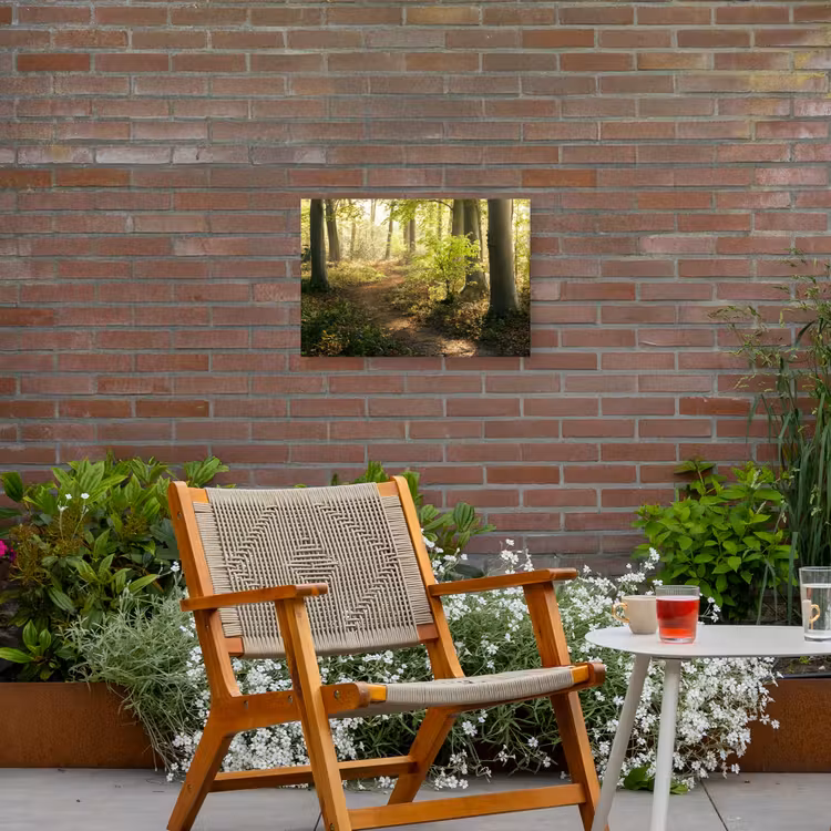 Bospad bij zonsopgang Tuinposter op houten frame 2 cm dik klein -sfeer3