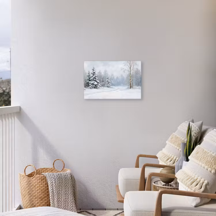 Bospad - Dennen - Sneeuw - Winter - Rustgevend Tuinposter op houten frame 2 cm dik klein -sfeer1