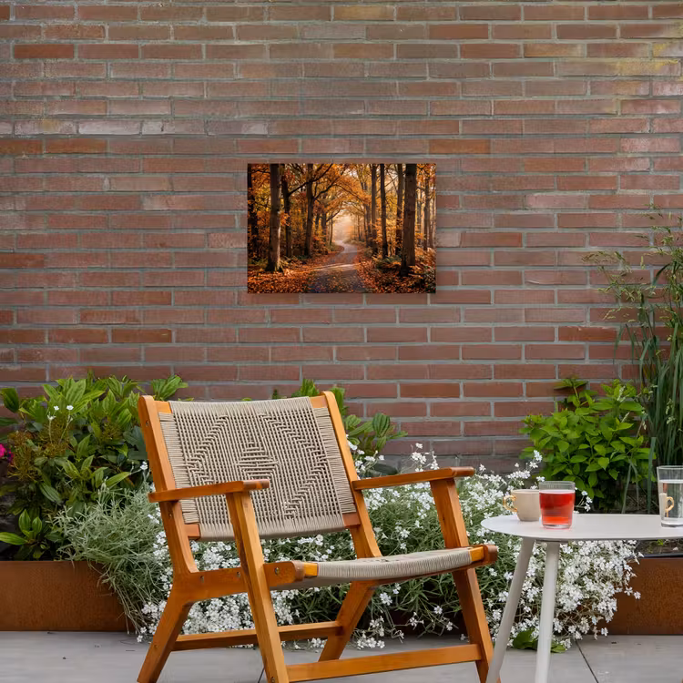 Bospad - Herfstbos - Bladeren - Oranje - Nostalgisch Tuinposter op houten frame 2 cm dik klein -sfeer3