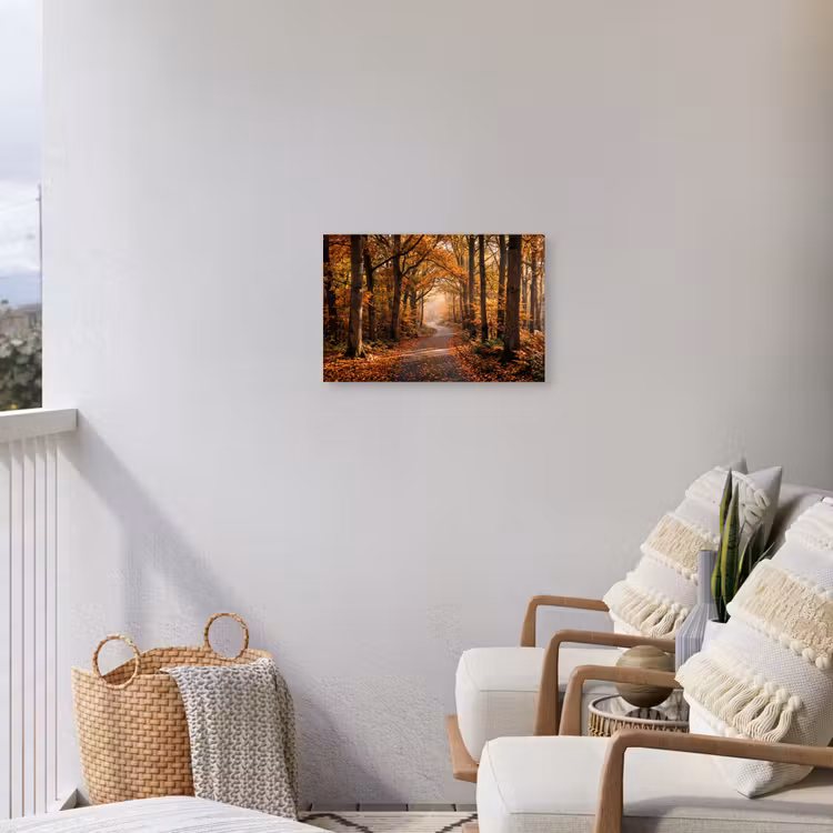 Bospad - Herfstbos - Bladeren - Oranje - Nostalgisch Tuinposter op houten frame 2 cm dik klein -sfeer1