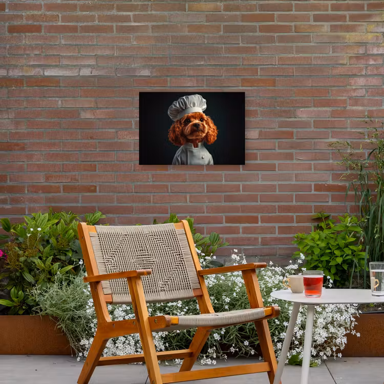 Bruin - Kok - Hondje Tuinposter op houten frame 2 cm dik klein -sfeer3