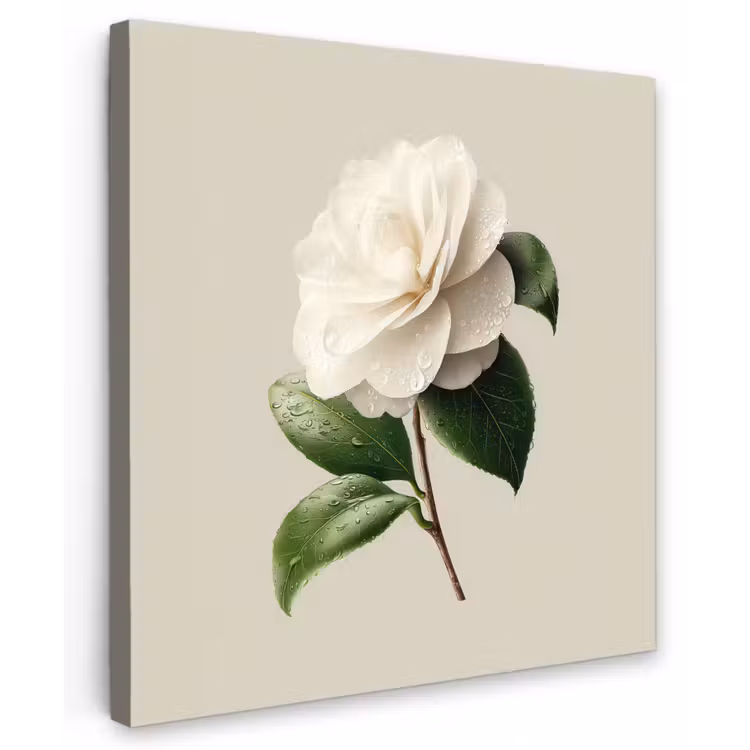 Cameliabloem - Wit - Groen Tuinposter op houten frame 2 cm dik middel -3d