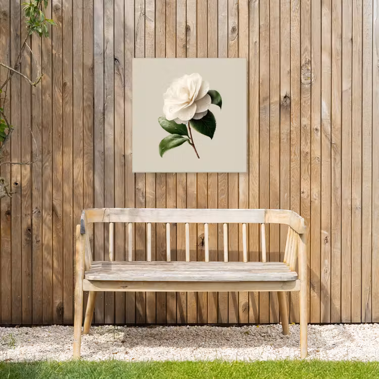 Cameliabloem - Wit - Groen Tuinposter op houten frame 2 cm dik middel -sfeer4