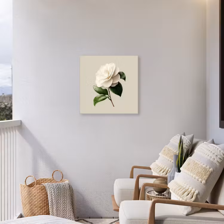 Cameliabloem - Wit - Groen Tuinposter op houten frame 2 cm dik middel -sfeer1