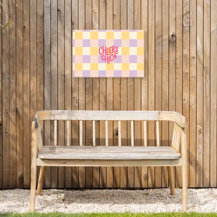 Cheers Chica - Ruitjes - Lila - Geel Tuinposter op houten frame 2 cm dik klein -sfeer4