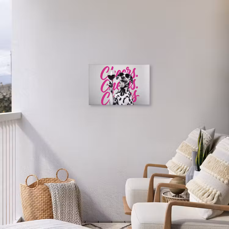 Cheers - Hond - Roze - Wijn Tuinposter op houten frame 2 cm dik klein -sfeer1