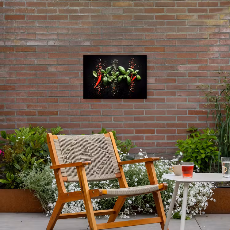 Chilipepers - Basilicum - Blaadjes - Rood Tuinposter op houten frame 2 cm dik klein -sfeer3