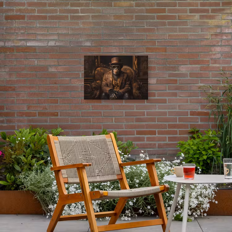Chimpansee - Stoel - Pak - Bruin Tuinposter op houten frame 2 cm dik klein -sfeer3