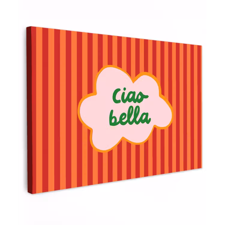 Ciao bella - Tekstwolk - Strepen - Oranje Tuinposter op houten frame 2 cm dik klein -3d