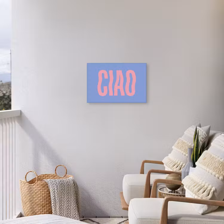 Ciao - Roze - Blauw - Golvend Tuinposter op houten frame 2 cm dik klein -sfeer1