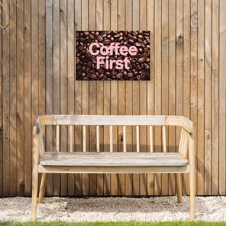 Coffee First - Koffiebonen - Roze Tuinposter op houten frame 2 cm dik klein -sfeer4
