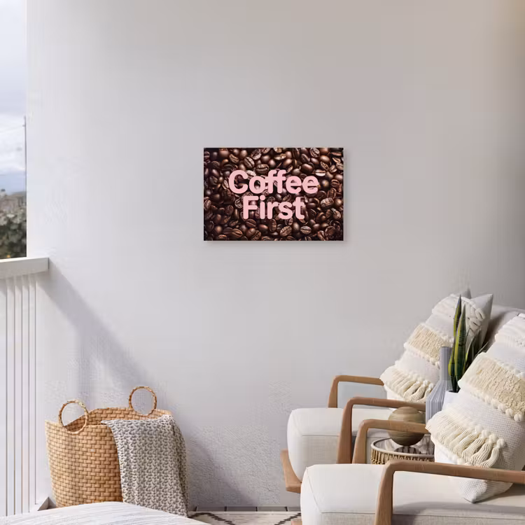 Coffee First - Koffiebonen - Roze Tuinposter op houten frame 2 cm dik klein -sfeer1