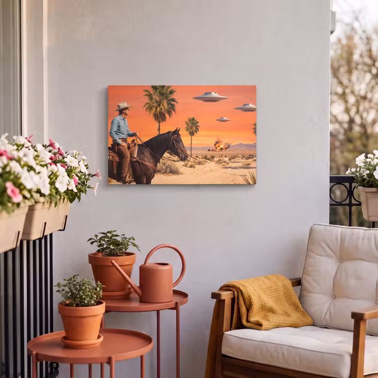 Buiten canvas - Cowboy - Paard - Woestijn - Cowboy - Paard - Woestijn Tuinposter op houten frame 2 cm dik klein