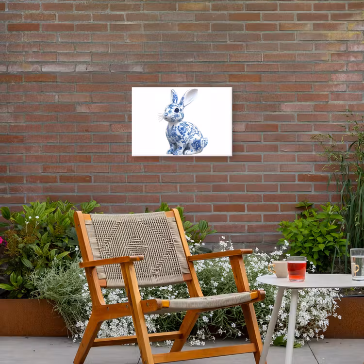 Delftsblauw - Haasje - Wit Tuinposter op houten frame 2 cm dik klein -sfeer3