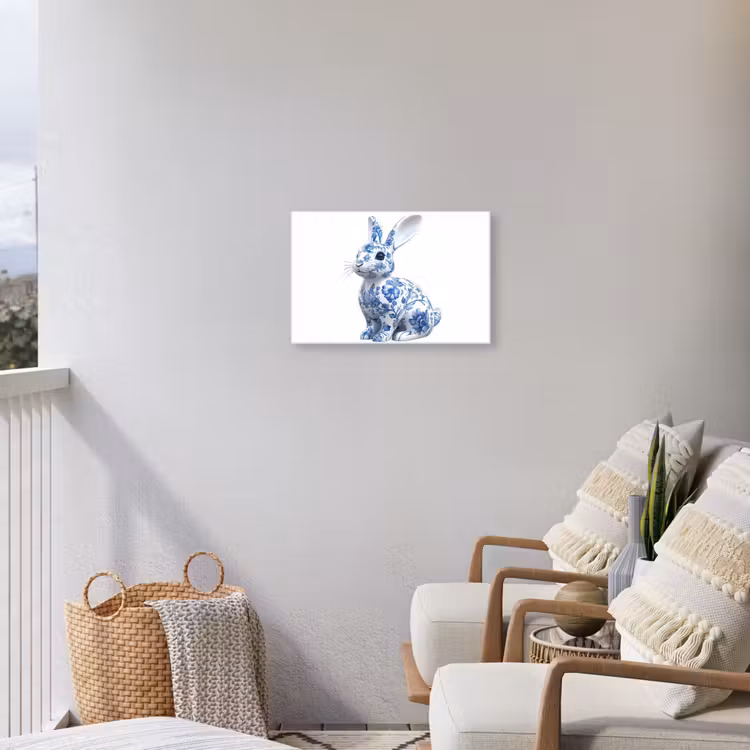 Delftsblauw - Haasje - Wit Tuinposter op houten frame 2 cm dik klein -sfeer1