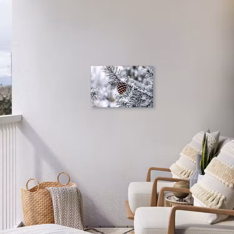 Dennenappel - Tak - Sneeuw - Winter - Sfeervol Tuinposter op houten frame 2 cm dik klein -sfeer1