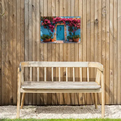 Deur - Hout - Bloemen - Blauw Tuinposter op houten frame 2 cm dik klein -sfeer4