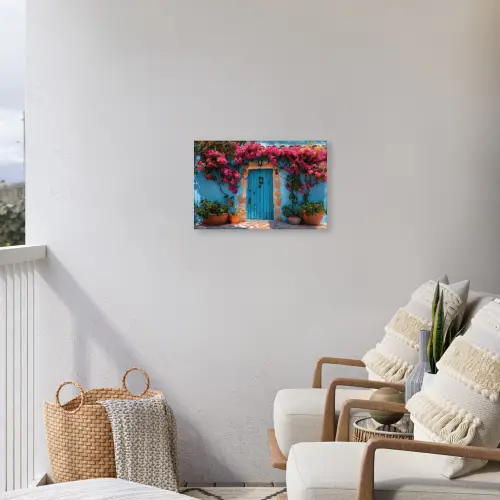 Deur - Hout - Bloemen - Blauw Tuinposter op houten frame 2 cm dik klein -sfeer1