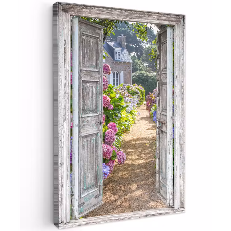 Deur naar een bloementuin Tuinposter op houten frame 2 cm dik klein -3d