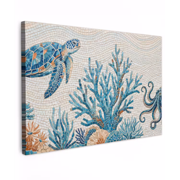 Dieren - Onderwater - Natuur - Mozaïek - Blauw Tuinposter op houten frame 2 cm dik klein -3d