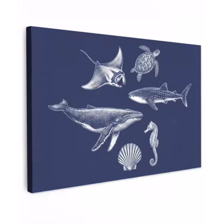Dieren - Zeeleven - Oceaan - Graveren - Blauw Tuinposter op houten frame 2 cm dik klein -3d